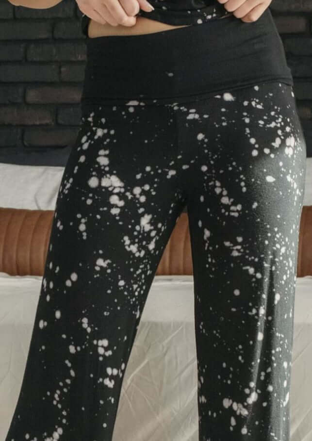 Jala Ladies Buttery Soft Black Splatter Chill Yoga Pants | Made in USA | Classy Cozy Cool Women's Made in America Clothing Boutique