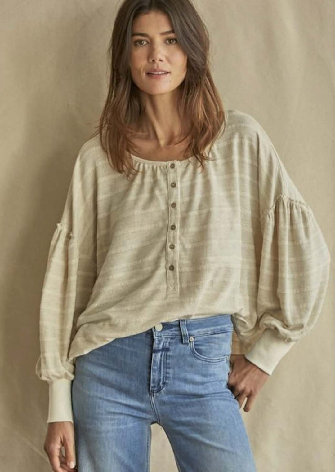Ladies Knit Thermal Striped Long Sleeve Henley Oversized Boxy Top in Oatmeal Color | By Together Style# RJ2504 |Made in USA | Classy Cozy Cool Women's Made in America Online Clothing Boutique 
