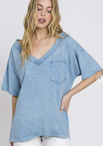 USA Made Ladies V-Neck Relaxed Fit Heavyweight Cotton Mineral Washed Tee Shirt with Front Pocket & Raw Edge Detail in Blue | Classy Cozy Cool Women's Made in America Boutique