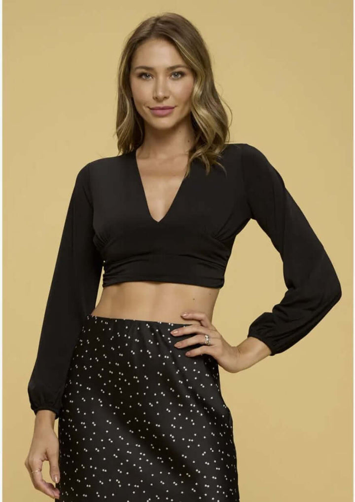 Made in USA | Renee C Style# 4352TP | Ladies Long Sleeve Dressy Black V-Neck Crop Top | Classy Cozy Cool Women's Made in America Clothing Boutique