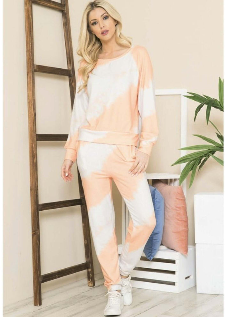 Made in USA Super Soft Loungewear Pajama Set Includes Top & Joggers with in Off White & Light Coral | Classy Cozy Cool Women's Made in America Clothing Boutique
