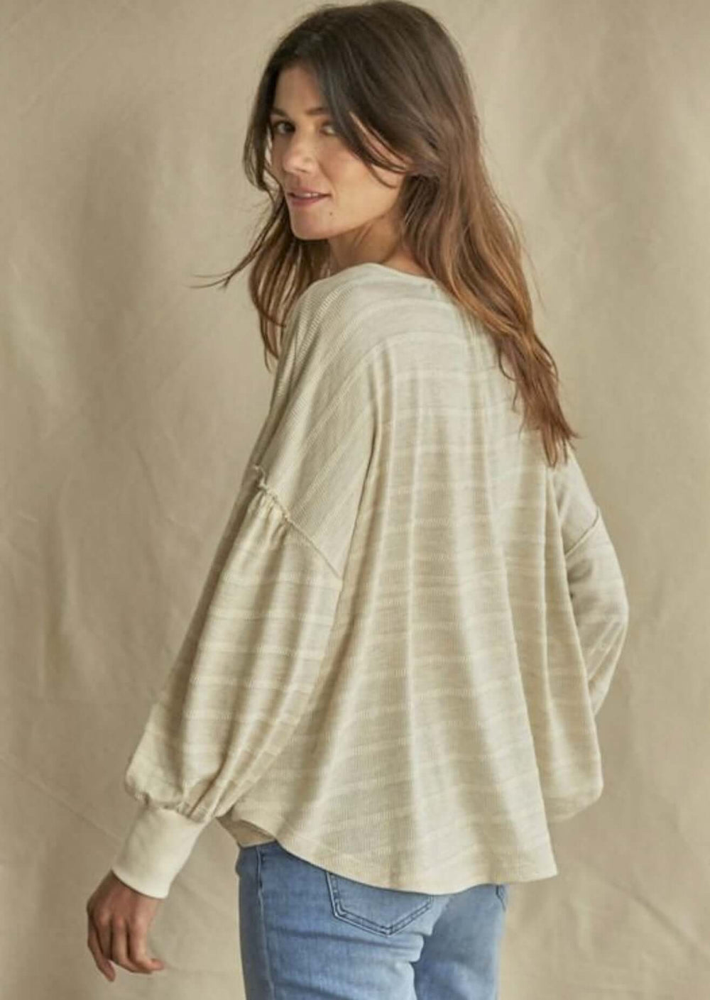 Ladies Knit Thermal Striped Long Sleeve Henley Oversized Boxy Top in Oatmeal Color | Made in USA | Classy Cozy Cool Women's Made in America Online Clothing Boutique 