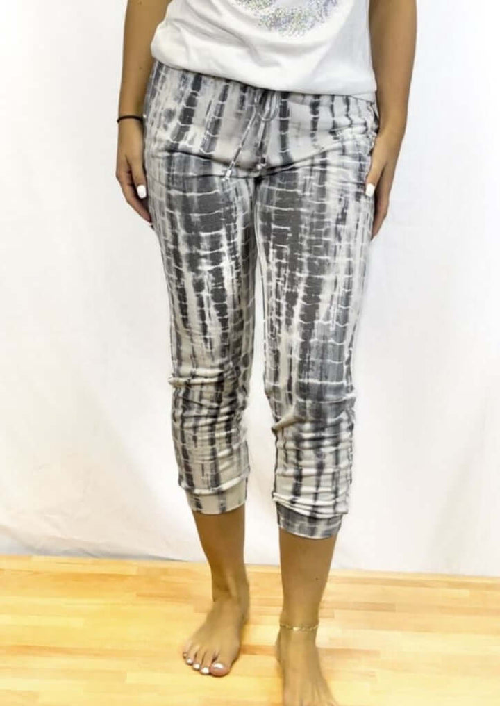 USA Made Women's Cropped Length Mid Rise Drawstring Waist Super Soft Grey & White Tie Dye Joggers | Classy Cozy Cool Women's Made in America Clothing Boutique