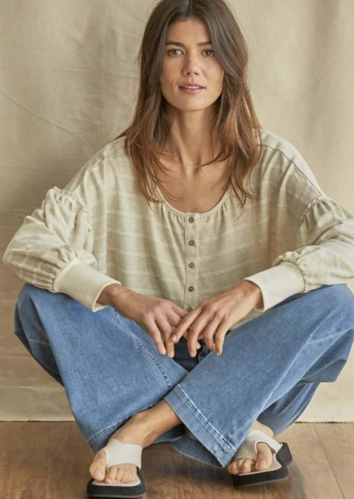 Ladies Knit Thermal Striped Long Sleeve Henley Oversized Boxy Top in Oatmeal Color | Made in USA | Classy Cozy Cool Women's Made in America Online Clothing Boutique 
