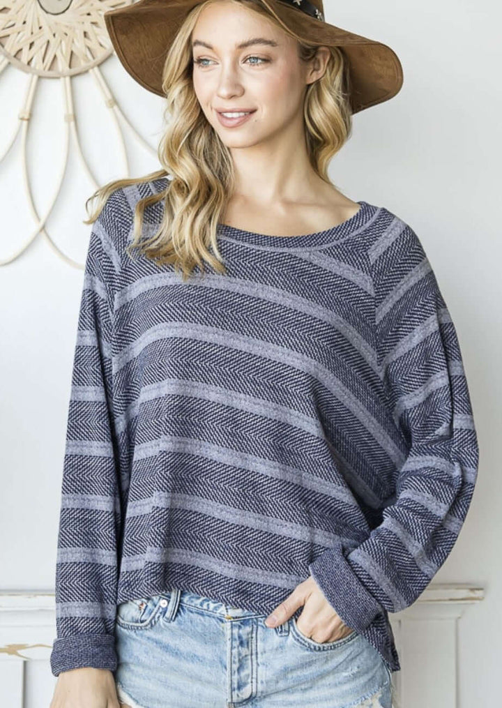 USA Made Ladies Oversized Textured Boxy Fit Striped Casual Top in Navy | Bucket List Clothing Style# T1551 |  Classy Cozy Cool Women's Made in America Boutique