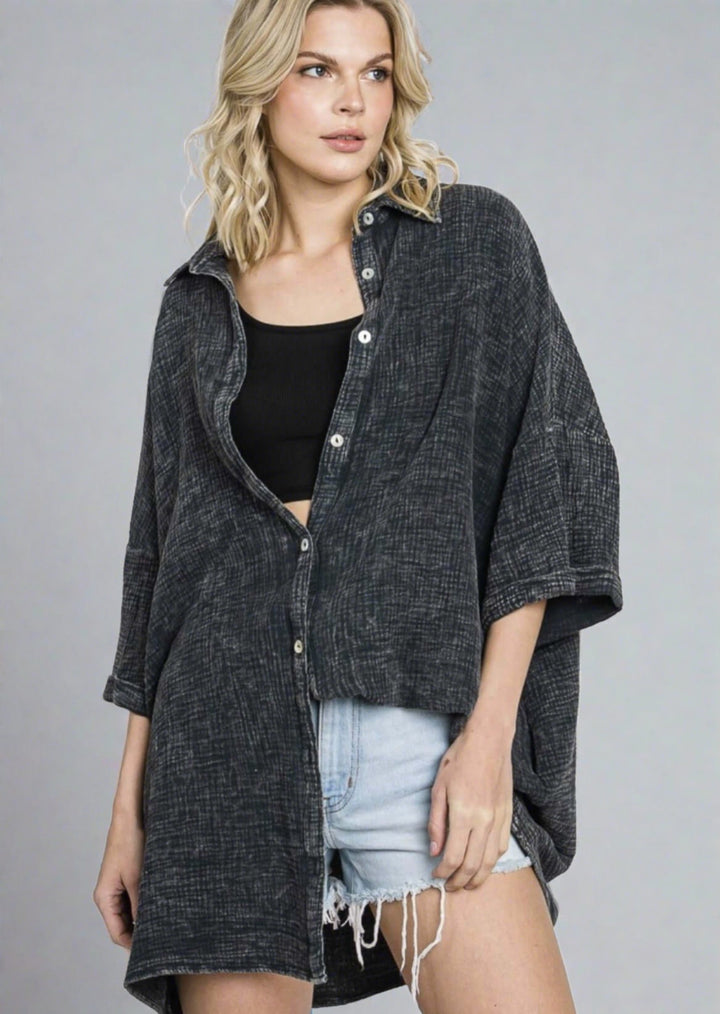 USA Made Women's Soft Mineral Washed Charcoal Black Oversized Cotton Gauze Button Down Tunic Length Long Shirt with Half Sleeves & Side Pockets 