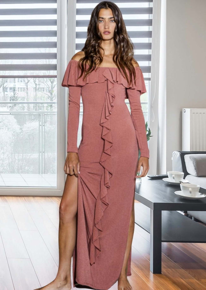Ladies Made in USA Off The Shoulder Maxi Dress Color in Marsala with Slit on Both Sides and Stunning Full Length Front Ruffle | Bucket List Clothing Style D4164 