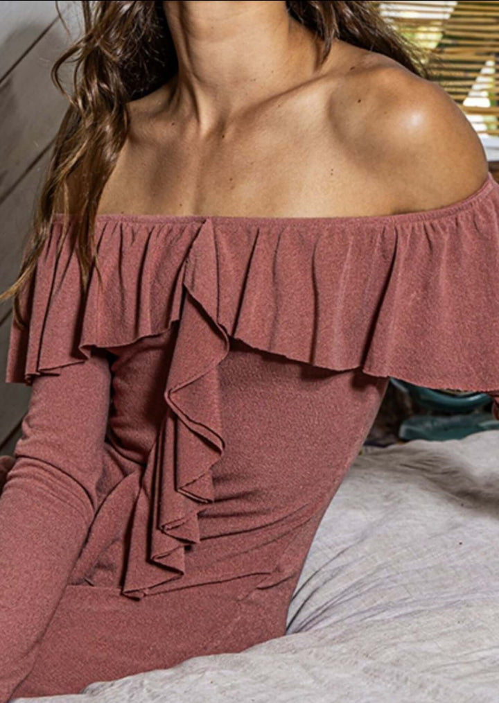 Ladies Made in USA Off The Shoulder Maxi Dress Color in Marsala with Slit on Both Sides and Stunning Full Length Front Ruffle | Bucket List Clothing Style D4164 