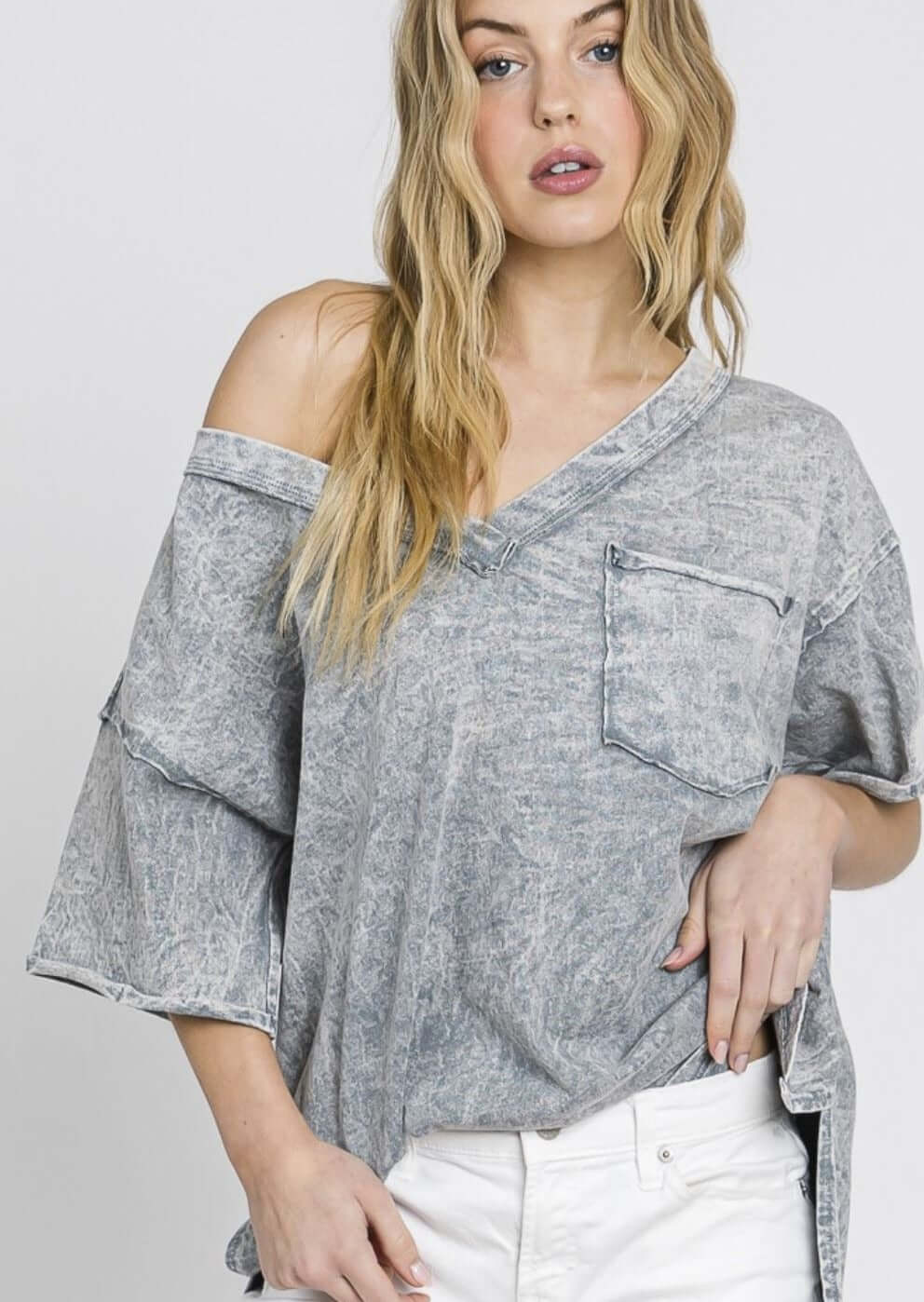USA Made Ladies V-Neck Relaxed Fit Heavyweight Cotton Mineral Washed Tee Shirt with Front Pocket & Raw Edge Detail in Grey | Classy Cozy Cool Women's Made in America Boutique