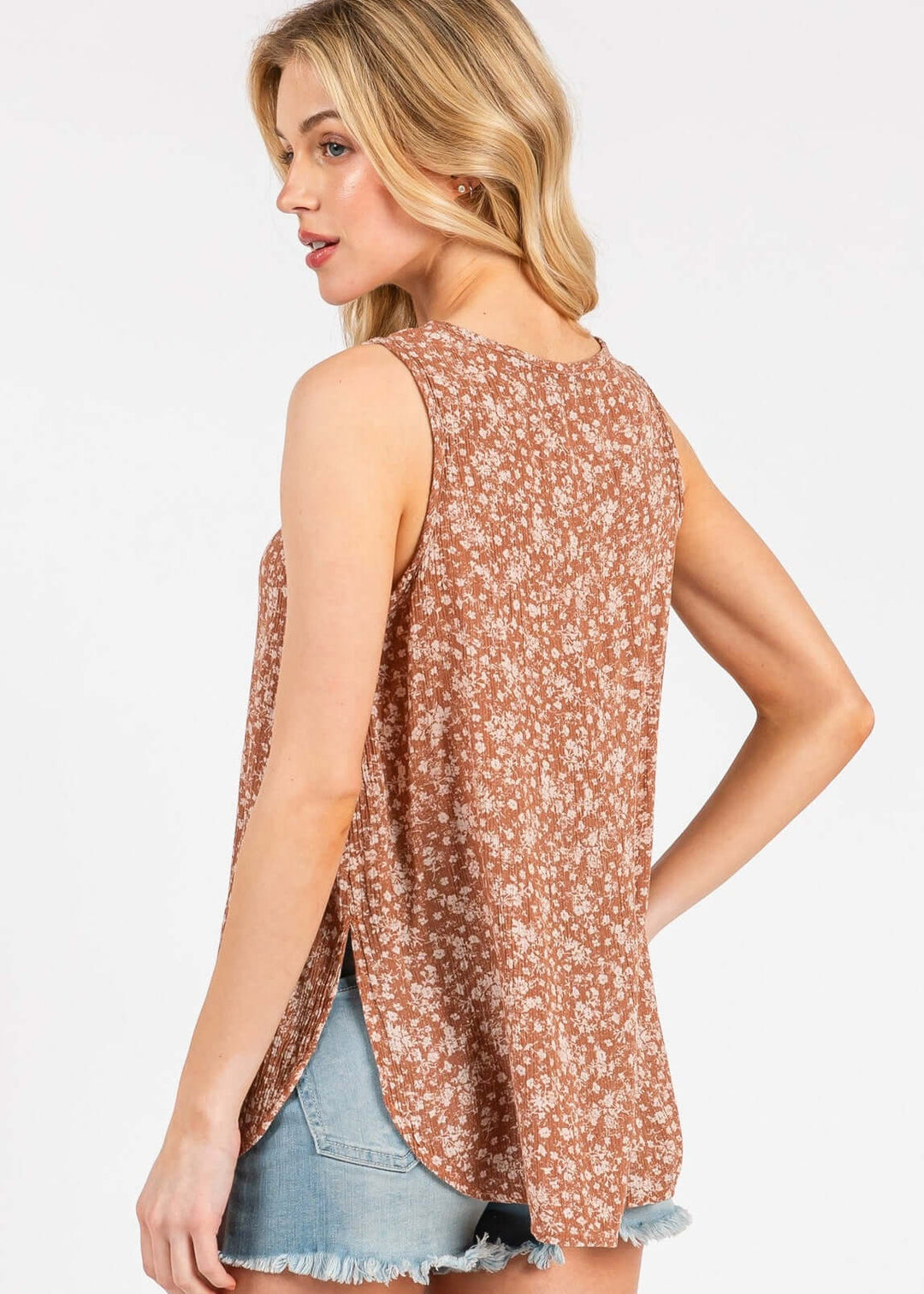 Breezy &amp; beautiful — the Flowy Flower Print Sleeveless Top in Rust Brown. 100% rayon gauze, relaxed fit, perfect for warm days. Made in USA.