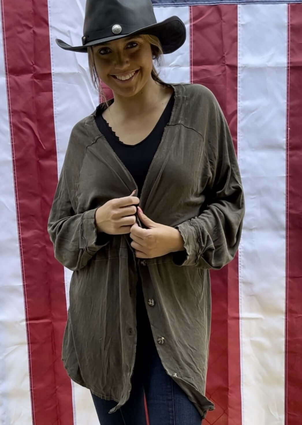 USA Made Women's Long Line Slouchy Cotton & Modal Lightweight Cardigan in Slate Grey | Classy Cozy Cool Ladies Made in America Clothing Boutique