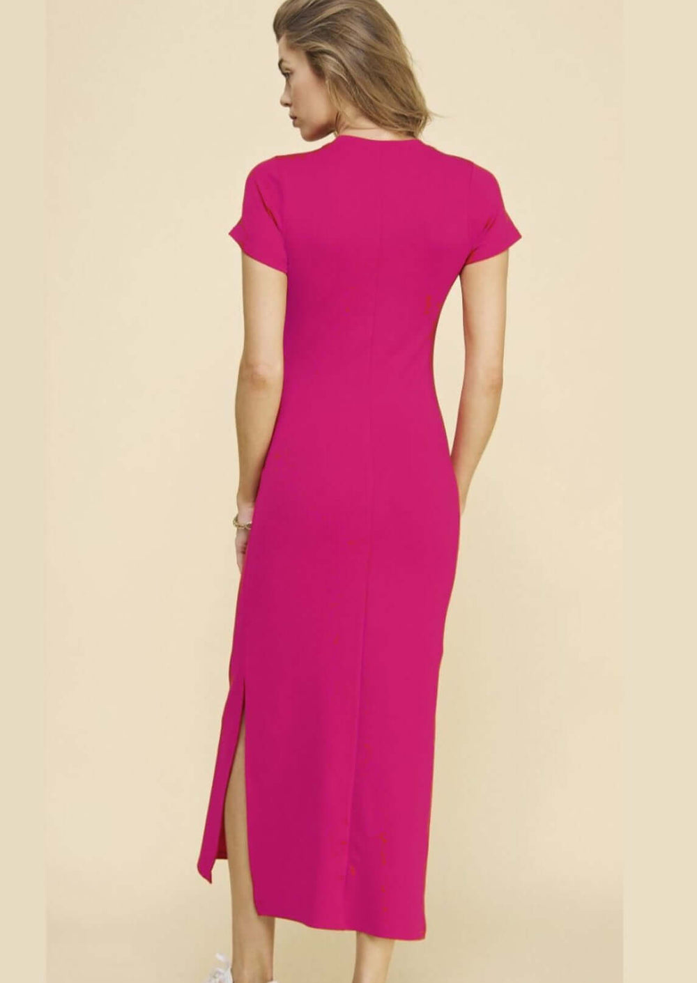 If She Loves Style# ISD1295 | Women's Tie Side Fuchsia Fitted Midi Dress with Side Slits | Made in USA | Classy Cozy Cool Women's Made in America Clothing Boutique