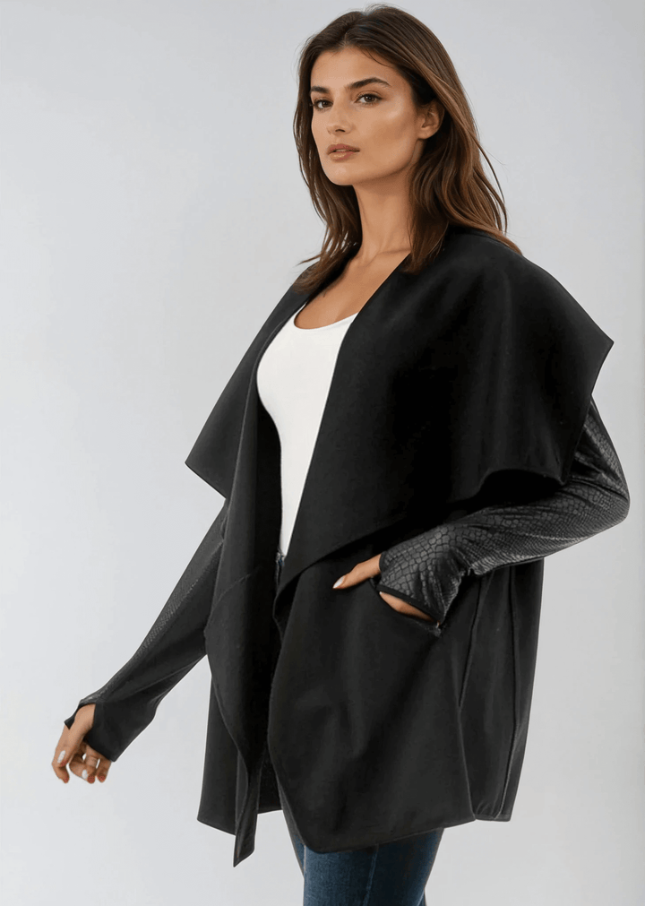Made in USA Trendy Unique Women's Black Open Front Jacket with Faux Leather Sleeves, Thumbholes, Snap Lapel Closure and Side Pockets | Classy Cozy Cool Women's Made in America Clothing Boutique