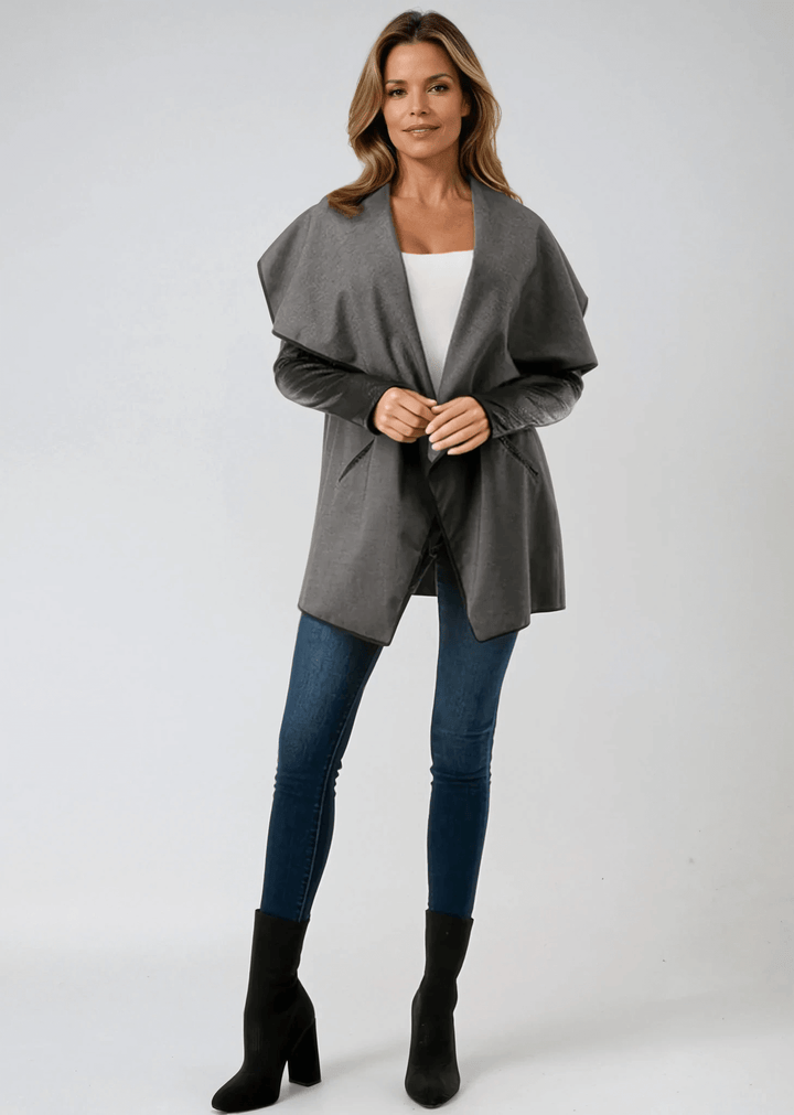 Made in USA Trendy Unique Women's Gray and Black Open Front Jacket with Faux Leather Sleeves, Thumbholes, Snap Lapel Closure and Side Pockets | Classy Cozy Cool Women's Made in America Clothing Boutique