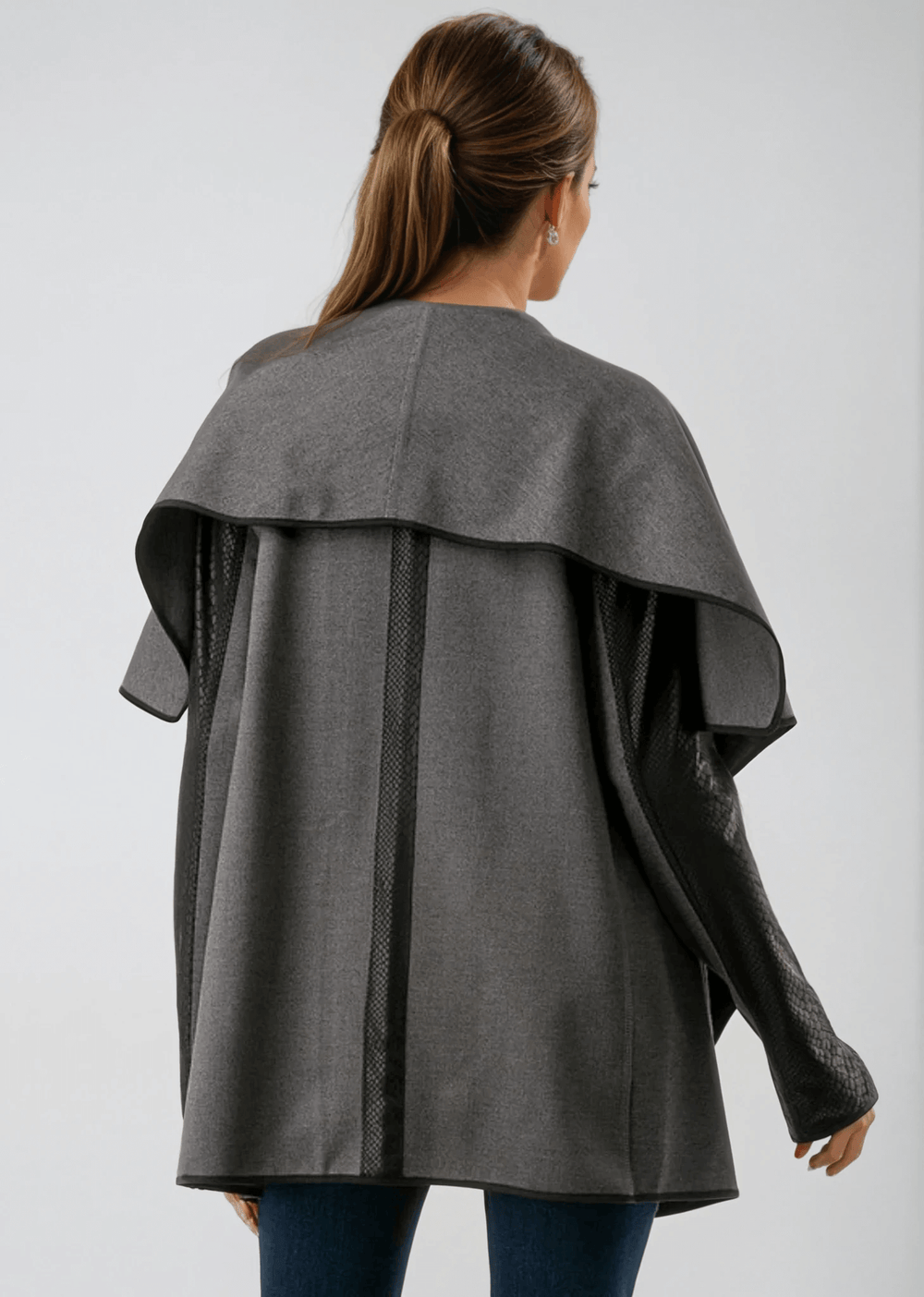 Made in USA Trendy Unique Women's Gray and Black Open Front Jacket with Faux Leather Sleeves, Thumbholes, Snap Lapel Closure and Side Pockets | Classy Cozy Cool Women's Made in America Clothing Boutique