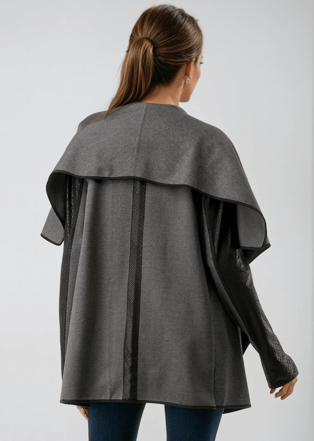 Made in USA Trendy Unique Women's Gray and Black Open Front Jacket with Faux Leather Sleeves, Thumbholes, Snap Lapel Closure and Side Pockets | Classy Cozy Cool Women's Made in America Clothing Boutique