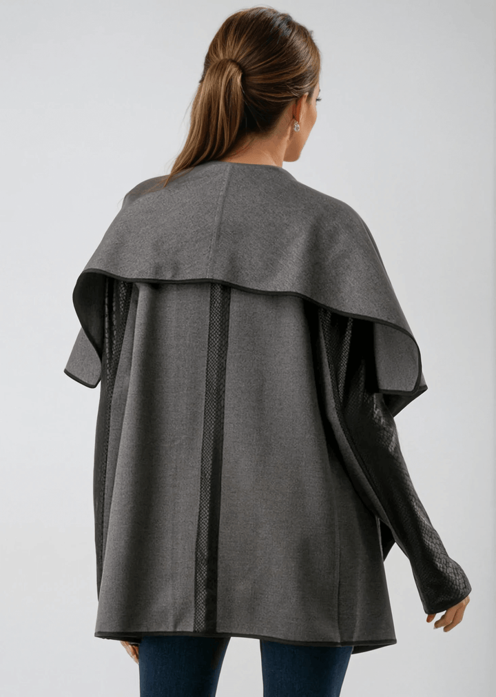 Made in USA Trendy Unique Women's Gray and Black Open Front Jacket with Faux Leather Sleeves, Thumbholes, Snap Lapel Closure and Side Pockets | Classy Cozy Cool Women's Made in America Clothing Boutique