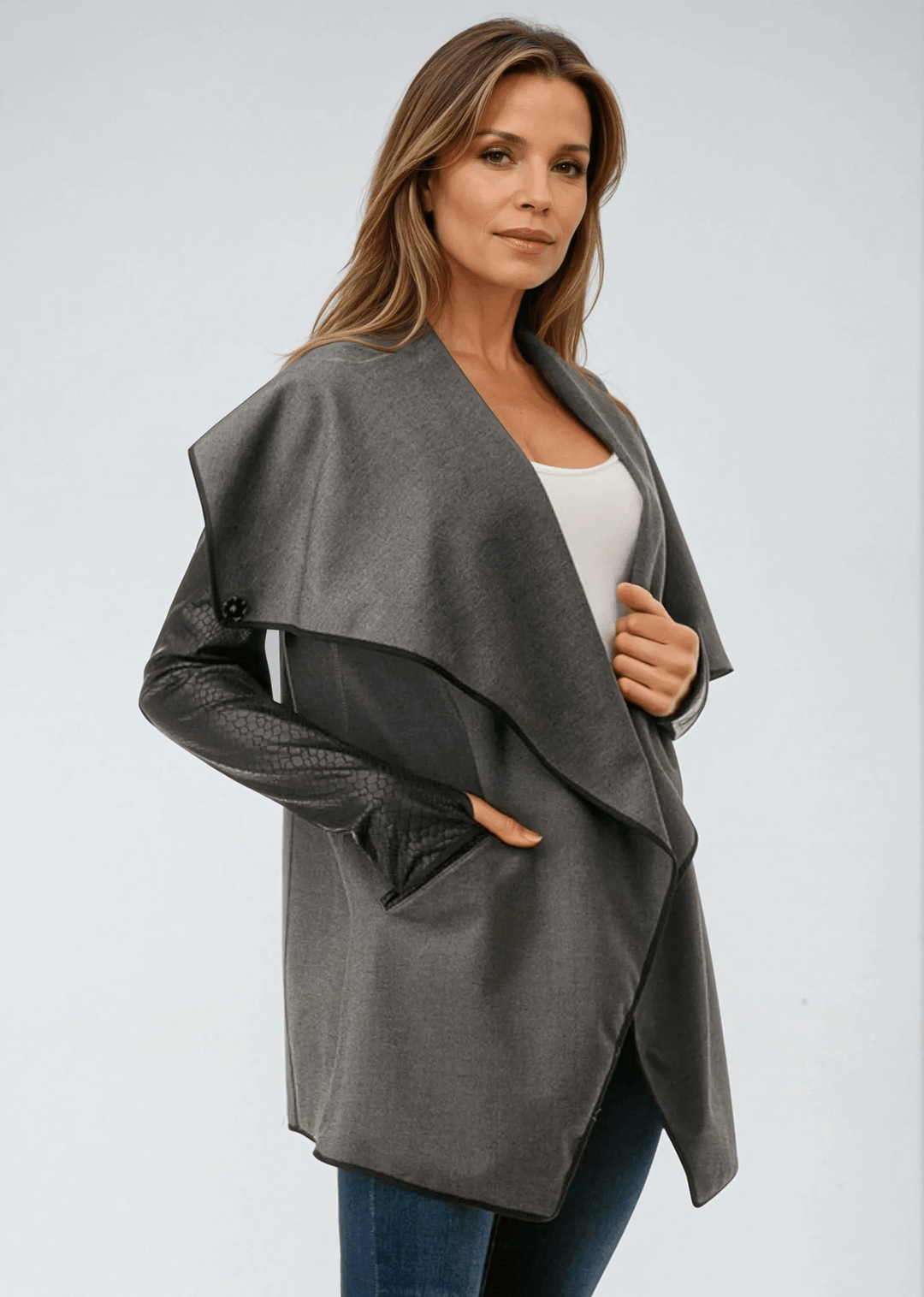 Made in USA Trendy Unique Women's Gray and Black Open Front Jacket with Faux Leather Sleeves, Thumbholes, Snap Lapel Closure and Side Pockets | Classy Cozy Cool Women's Made in America Clothing Boutique