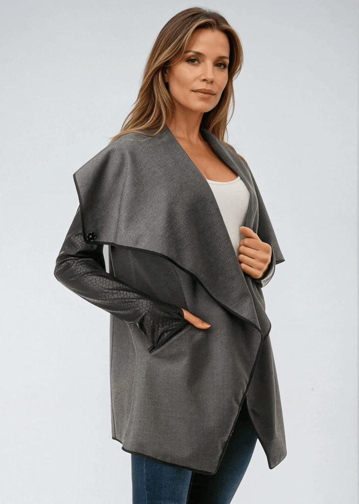 Made in USA Trendy Unique Women's Gray and Black Open Front Jacket with Faux Leather Sleeves, Thumbholes, Snap Lapel Closure and Side Pockets | Classy Cozy Cool Women's Made in America Clothing Boutique
