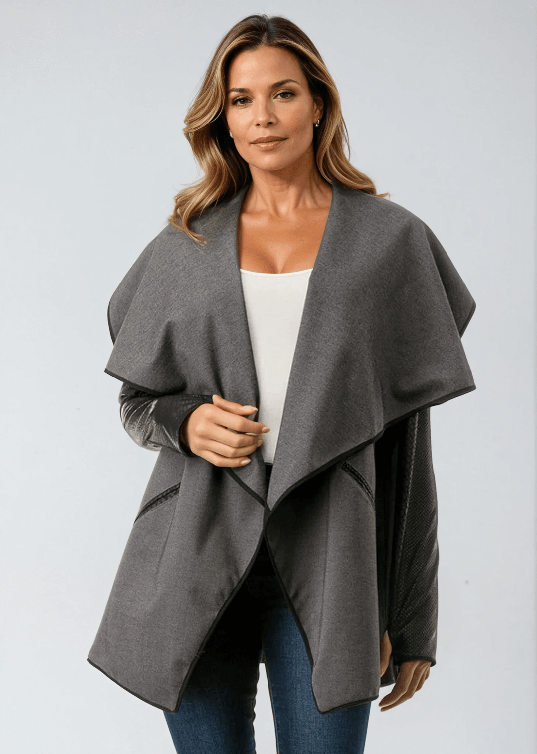 Made in USA Trendy Unique Women's Gray and Black Open Front Jacket with Faux Leather Sleeves, Thumbholes, Snap Lapel Closure and Side Pockets | Classy Cozy Cool Women's Made in America Clothing Boutique