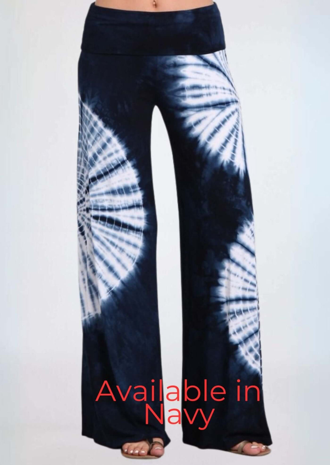 USA Made Women's Navy & White Casual Tie Dye Palazzo Pants | Soft & comfortable design with a wide fold over waistband | Classy Cozy Cool Made in America Boutique