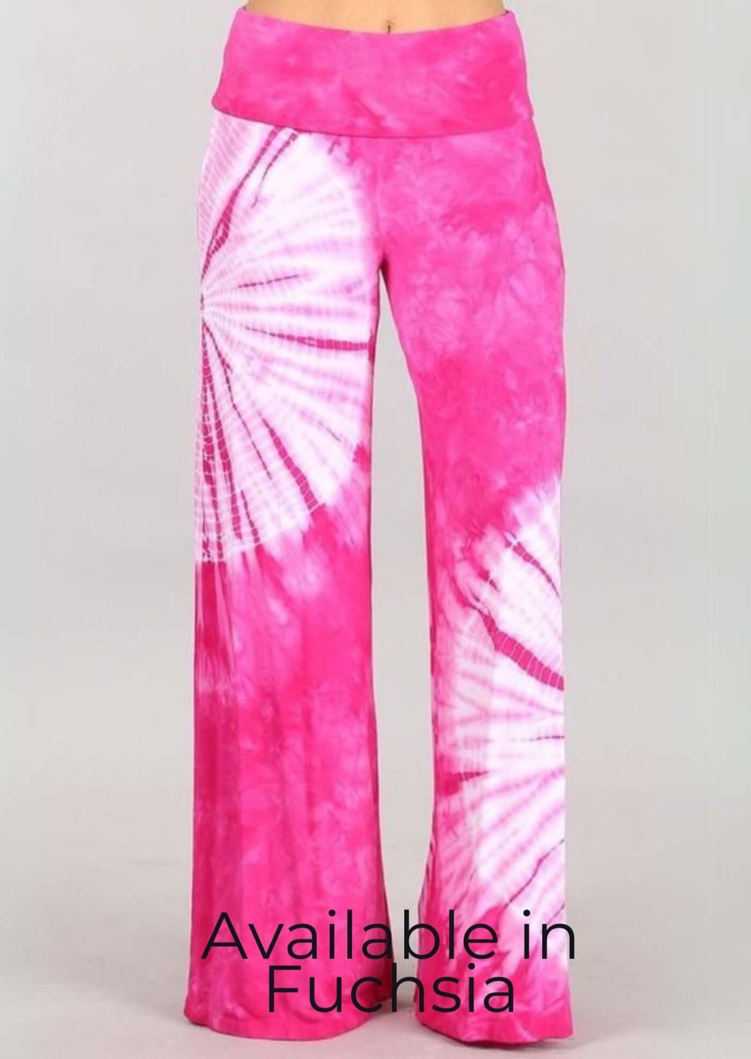 USA Made Fuchsia & White Casual Tie Dye Palazzo Pants Soft & comfortable design with a wide fold over waistband | Classy Cozy Cool Women's Made in USA Boutique
