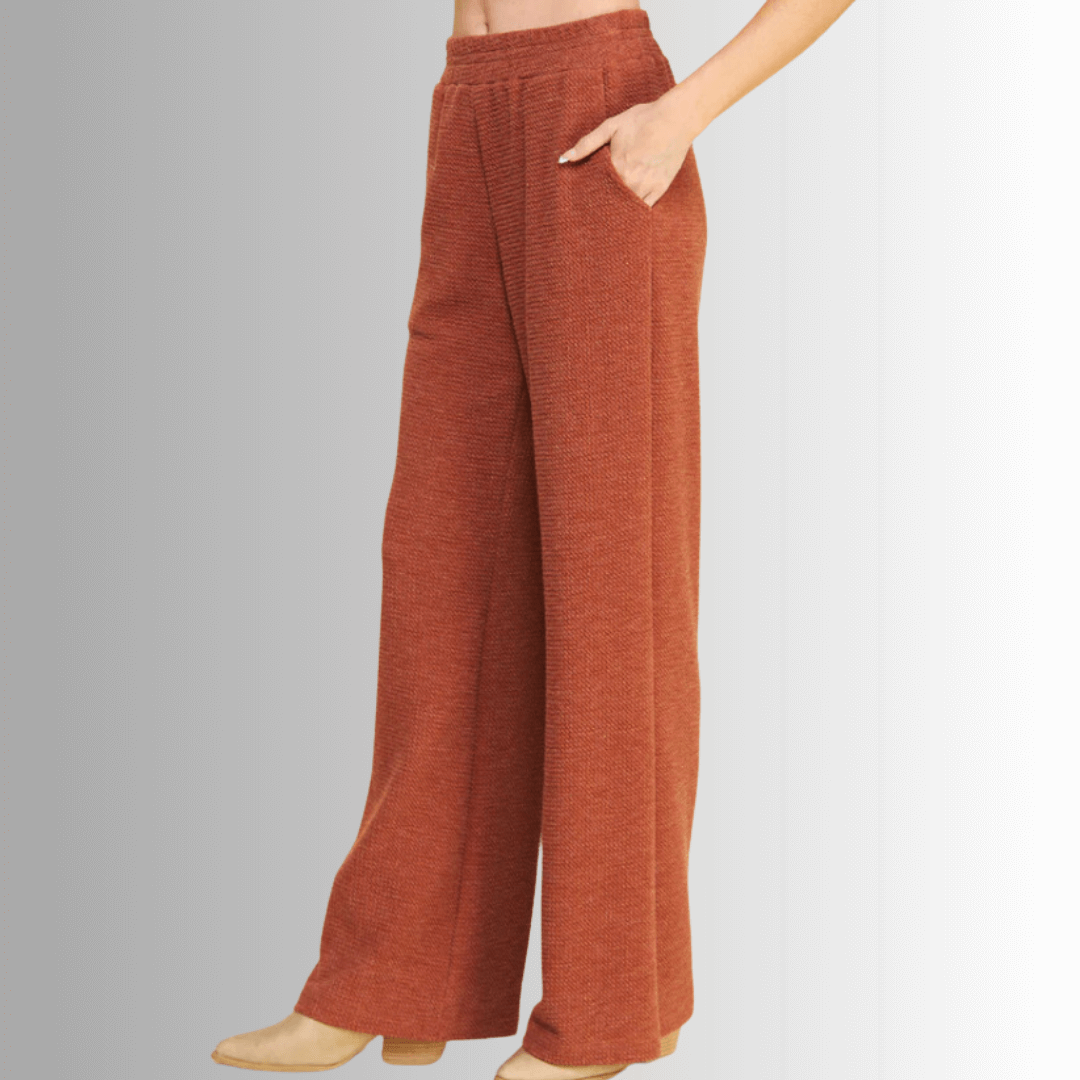 If She Loves Style# ISP1054AR | Ari Pant - Women's USA Made Elastic Waist Casual Knitted Pants in Camel Brown | Classy Cozy Cool Women's Made in America Clothing Boutique