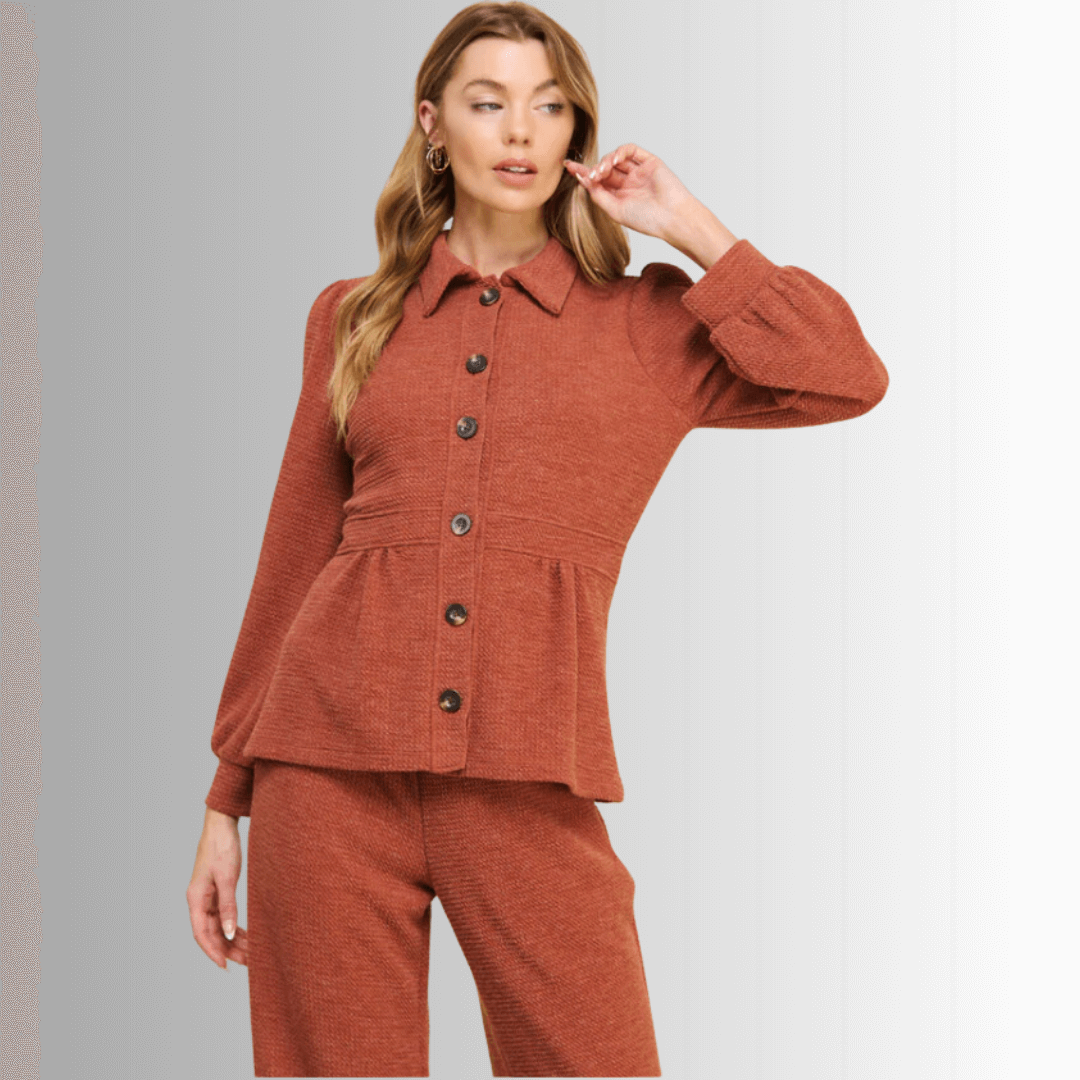 If She Loves Style# JK024A | Ari Jacket - Ladies USA Made Button Down Knitted Jacket in Camel Brown | Classy Cozy Cool Women's Made in America Boutique