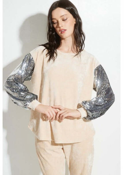 USA Made Women's Champagne Velvet Track Suit with Sequins Sleeves | Perfect Casual Glam Outfit | Classy Cozy Cool Women's Made in USA Boutique