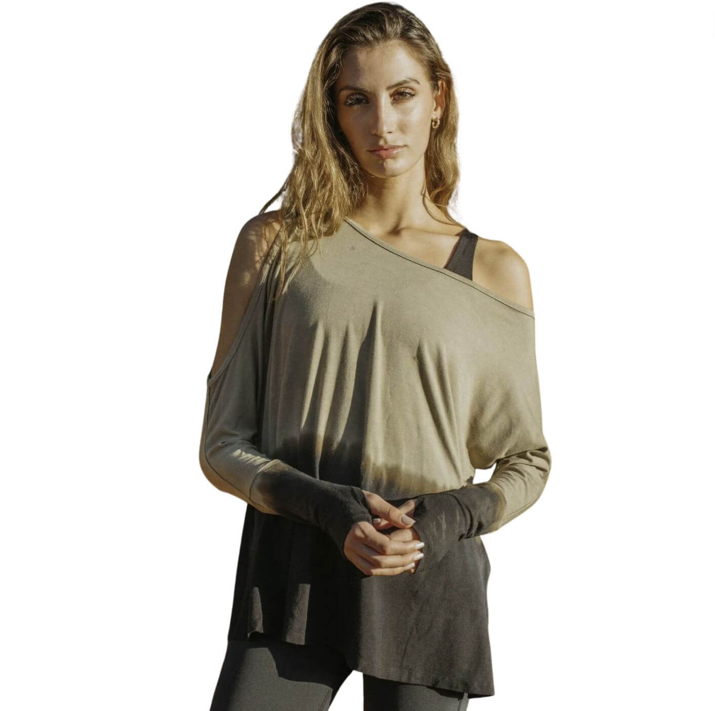 Jala Women's Duo Pullover with Cold Shoulder on one side and Off the Shoulder on the Other in Midnight River |Style#DUO28-MR| Made in USA | Classy Cozy Cool Women's Made in America Clothing Boutique