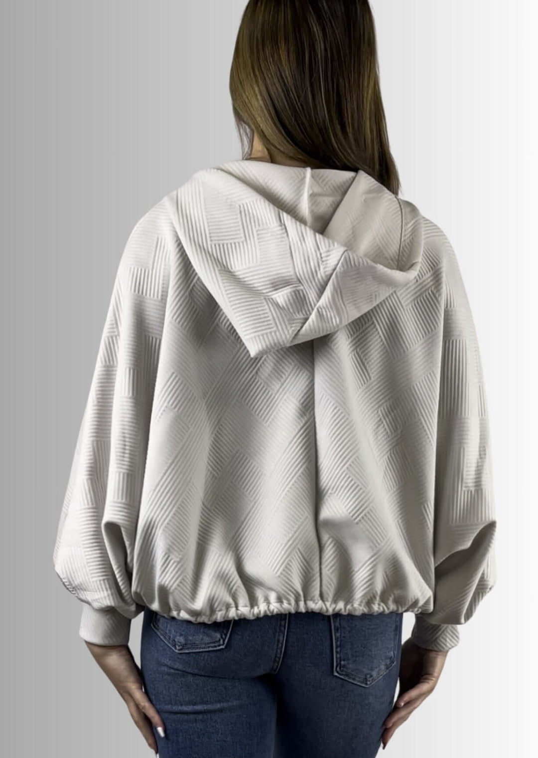 Made in USA Women's Textured Knit Hoodie with Draw string for Hood & at Waist, Button up Collar, Exaggerated Chest Pockets | Bucket List Clothing Style T1890