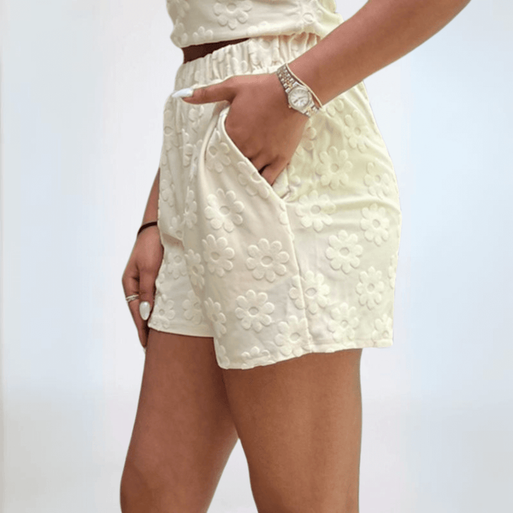 Made in USA Women's Floral Daisy Embossed Textured Shorts in Cream | Classy Cozy Cool Made in America Boutique