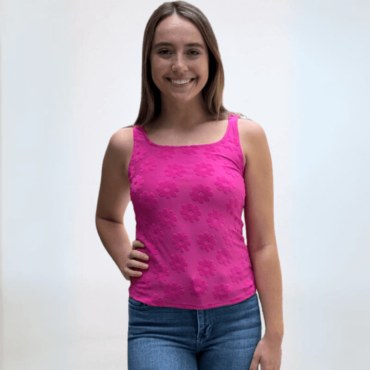 Made in USA Women's Soft Textured Daisy Embossed Detail Tank Top With Square Round Neckline in Fuchsia | Classy Cozy Cool Made in America Boutique