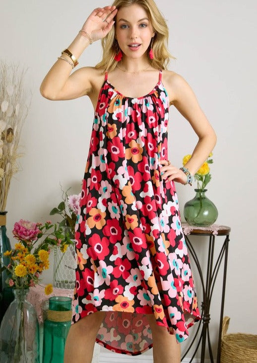 Made in USA | Adora Ladies Colorful Hot Pink Floral Print Sleeveless Super Soft Summer Sun Dress for Beach, Vacation, Summer Parties  Classy Cozy Cool Women's Made in America Boutique