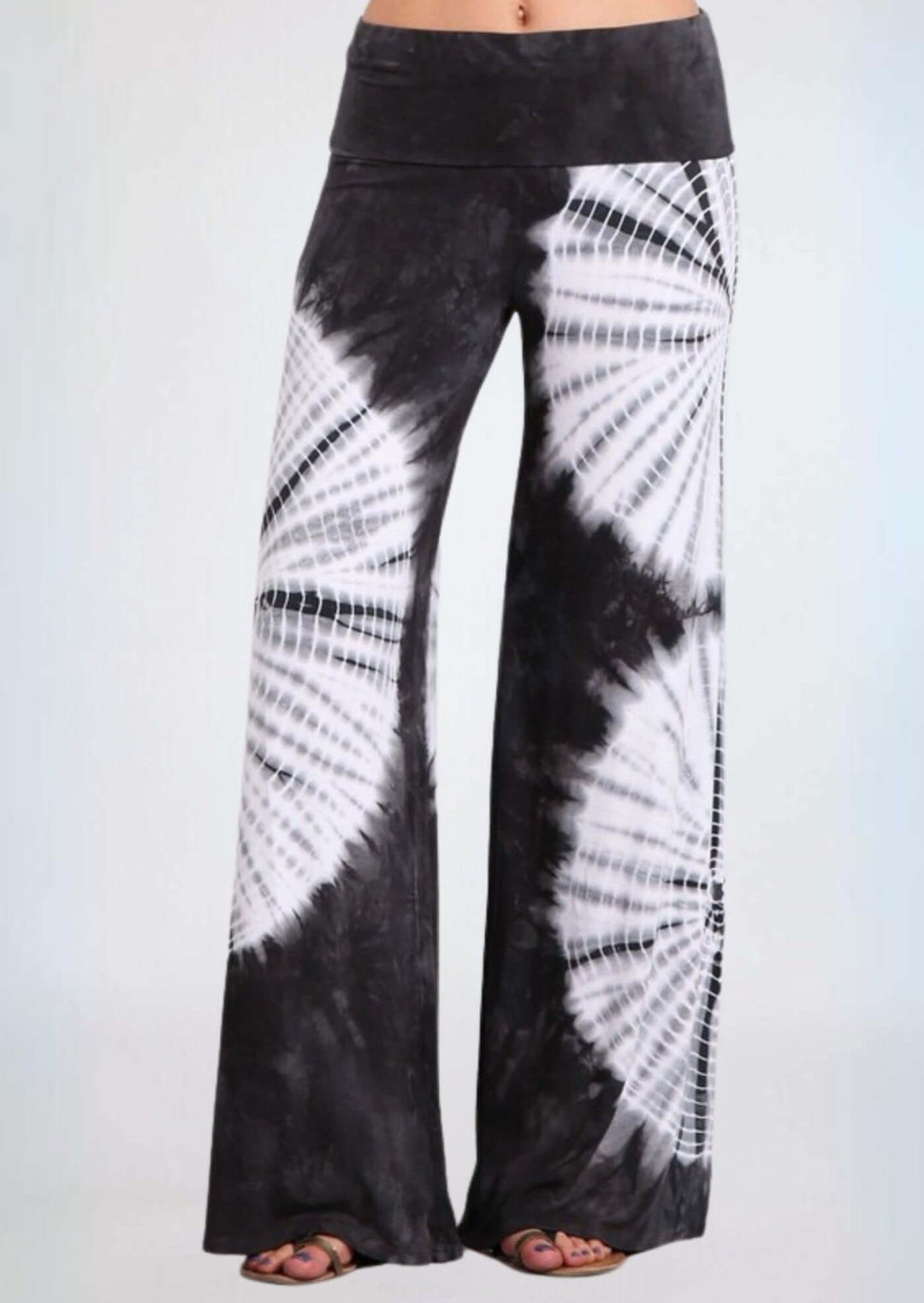 USA Made Women's Charcoal Grey & White Casual Tie Dye Palazzo Pants |  Soft & comfortable design with a wide fold over waistband | Classy Cozy Cool Made in America Boutique