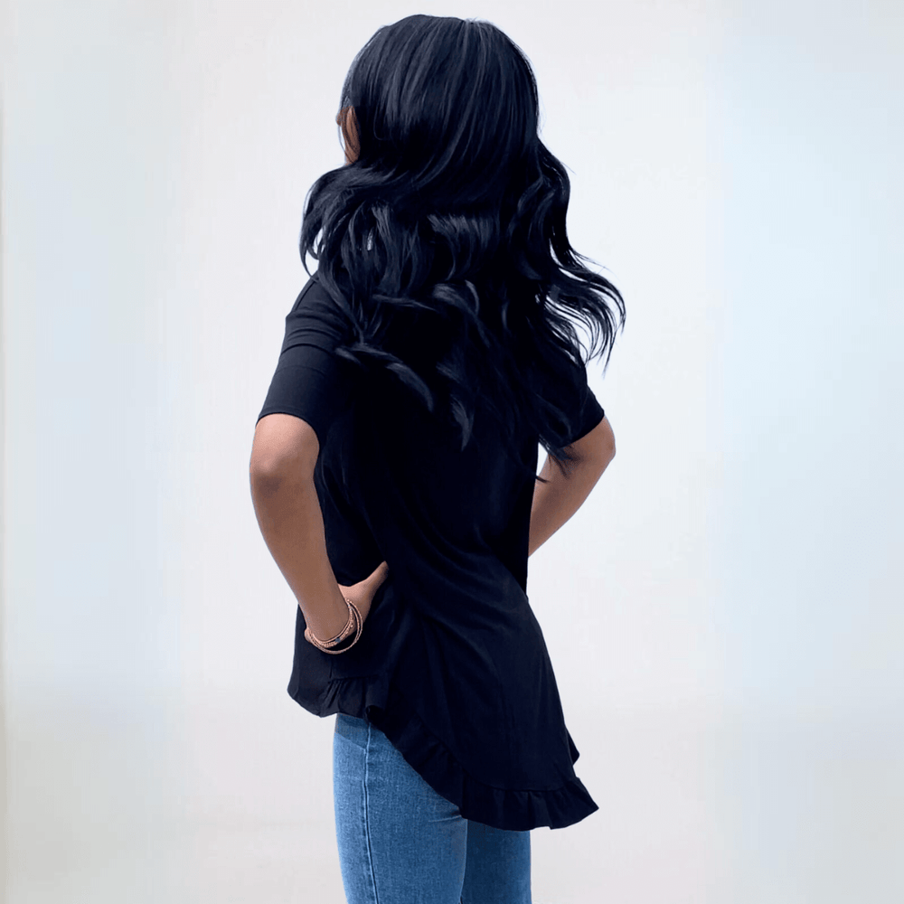 Made in USA Women's Bamboo Ruffle Hem Short Sleeve High Low Tunic Top with Boat Neckline in Black | Classy Cozy Cool Made in America Boutique