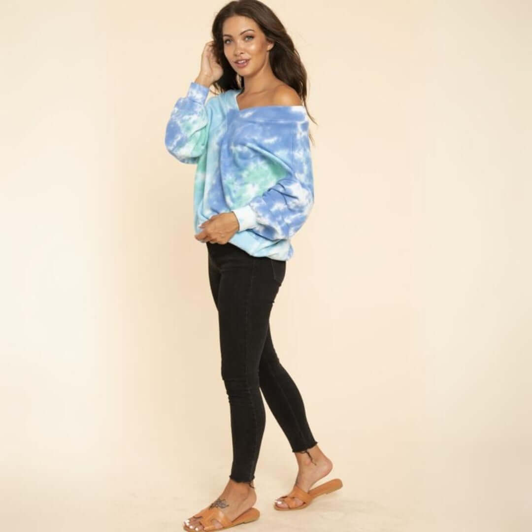 USA Made Ladies French Terry Vibrant Blue Green Tie Dye Double V-Neck Sweatshirt | Made in USA | Classy Cozy Cool Women's American Boutique