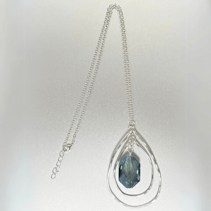 Hand Made in USA Women's Crystal Necklace with Silver Rectangle Frame  and Blue Crystal with silver Chain | Classy Cozy Cool Women's Made in America Boutique