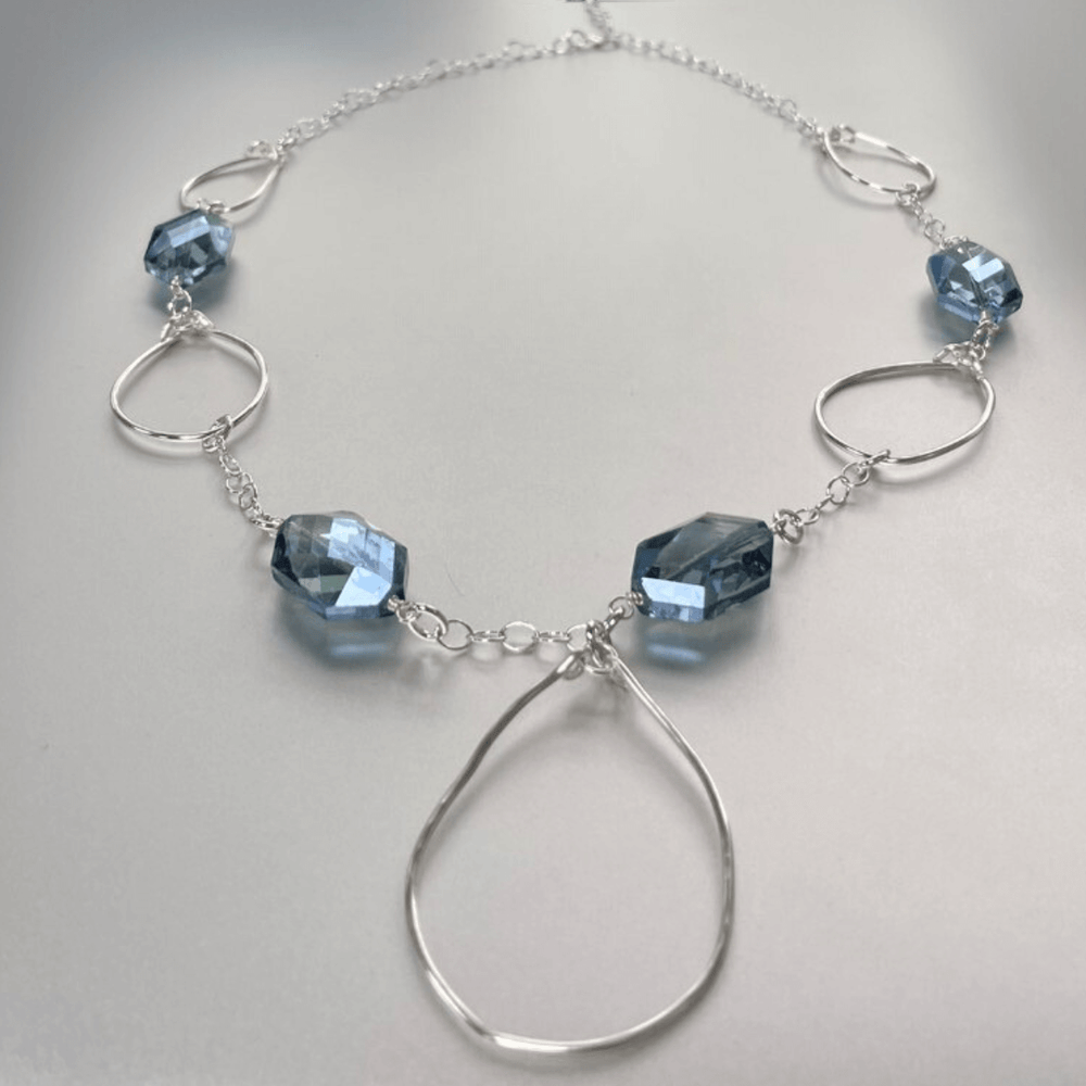 Blue Crystals Hand Crafted Long Drop Necklace Made in USA