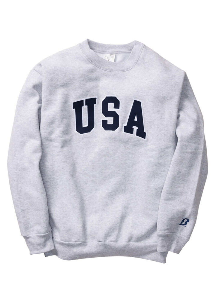 Made in USA Boathouse Patriotic Unisex Oversized Crew Neck USA Graphic Sweatshirt in Light Gray with Navy Blue USA Graphic