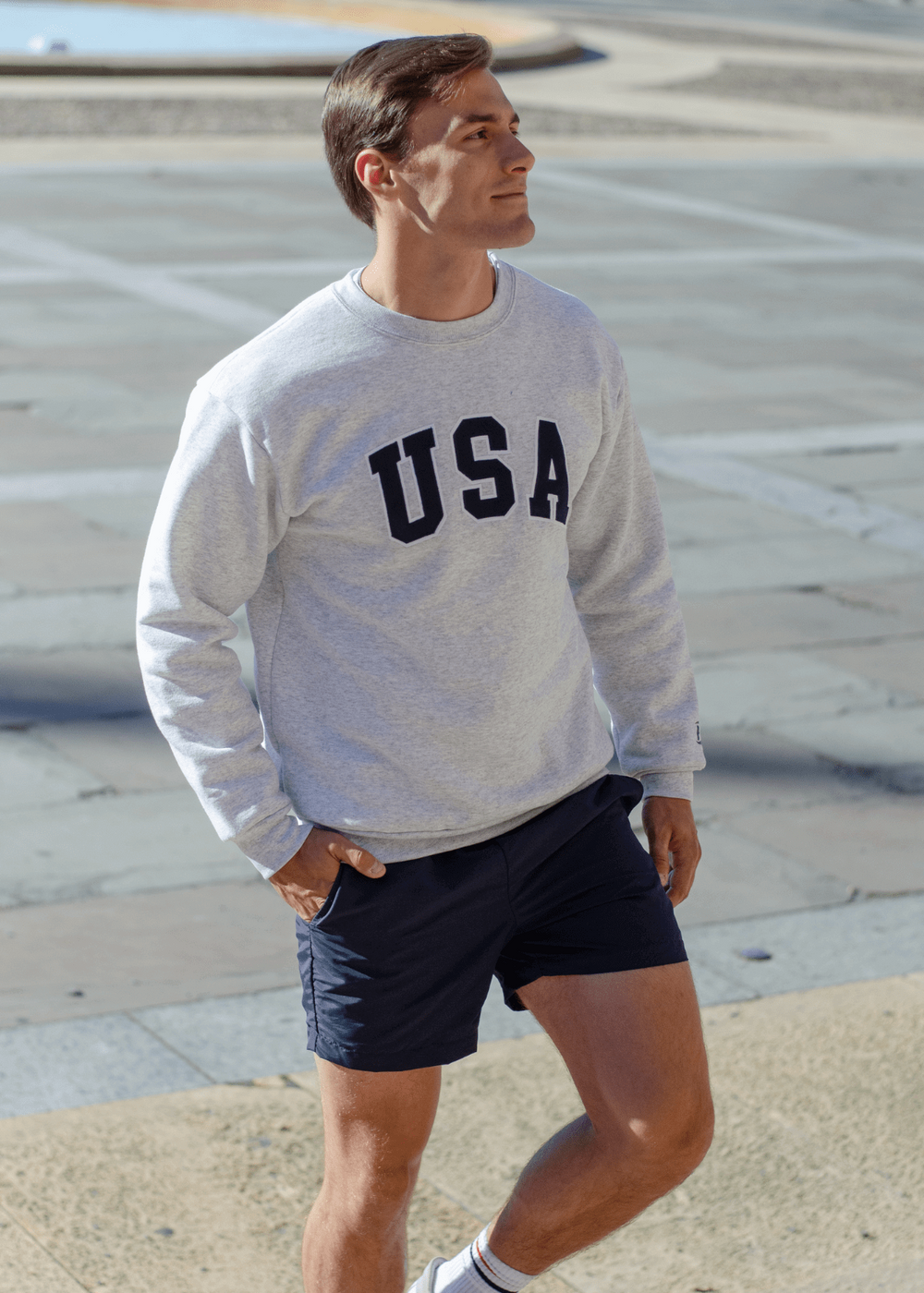 Made in USA Boathouse Patriotic Unisex Oversized Crew Neck USA Graphic Sweatshirt in Light Gray with Navy Blue USA Graphic