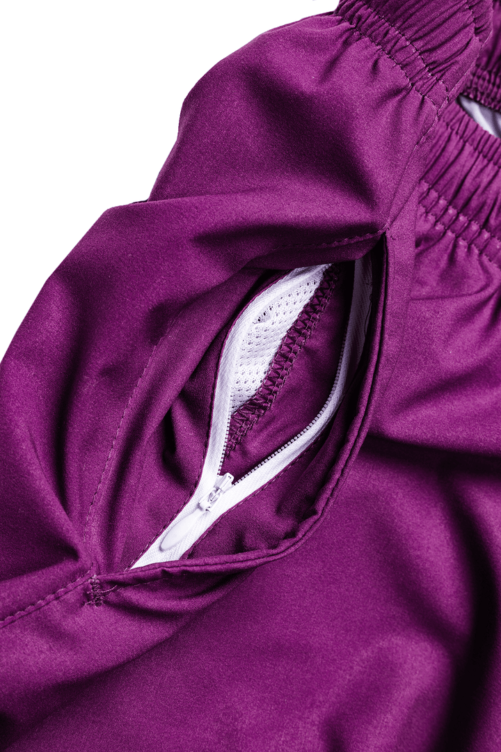 Made in USA Women's Athletic Shorts | Boathouse Journey Shorts 2.0 | 4-way stretch & moisture-wicking fabric, Mesh pocket bottoms for drainage when underwater Hidden zippered pocket Elastic waistband Metal-tipped drawcord Welt back pocket that fits an iPhone | FIT+ Shell - 94% polyester, 6% spandex Pocket Lining - 100% Polyester Quadstretch technical fabric Woven with a water resistant coating Ultra Lightweight Inseam 4" - Available in Navy, Black and Plum