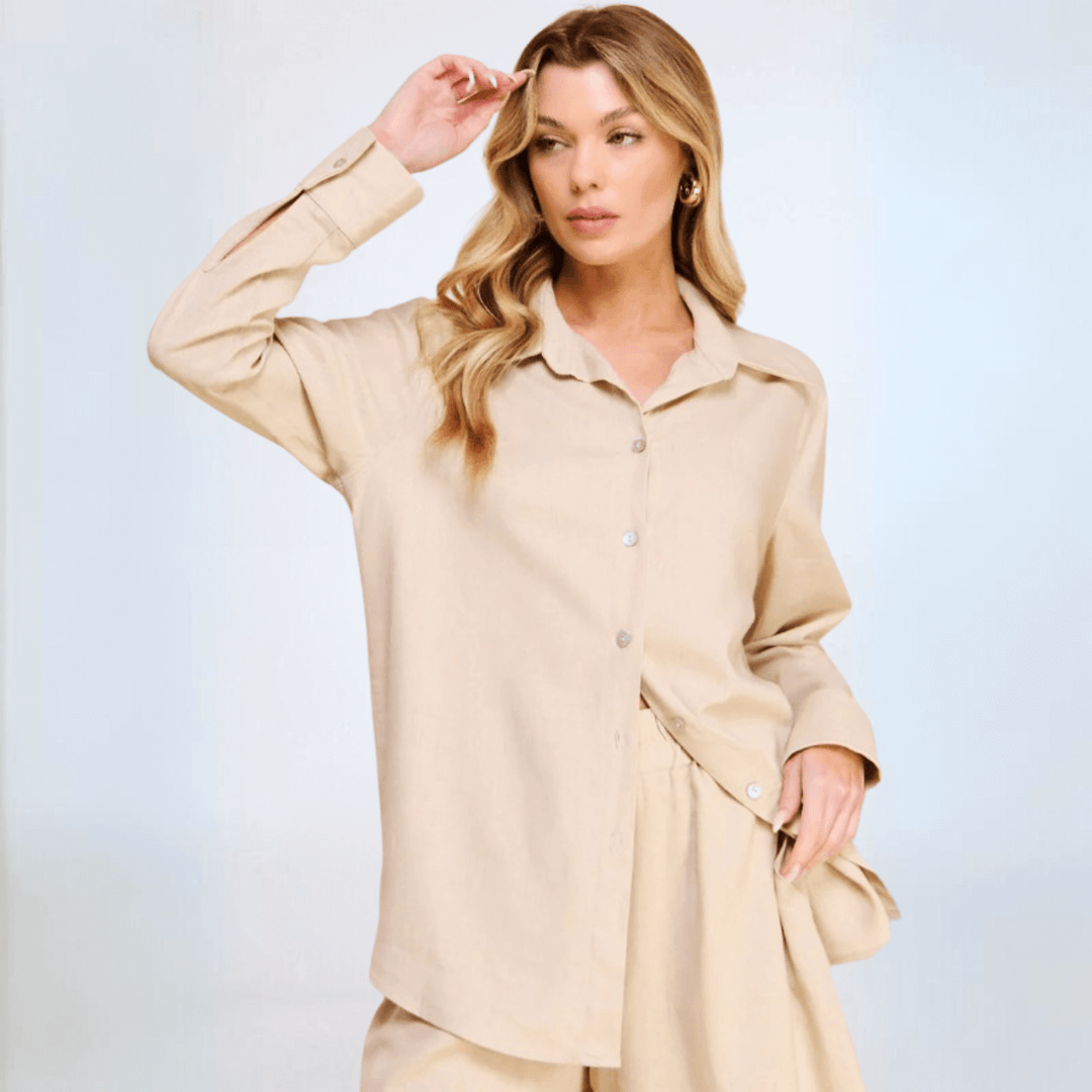 Made in USA Women's All Season Linen Blend Relaxed Fit Collared Button Down Long Sleeve Top in Natural Tan | If She Loves Style ISJK1250A | Classy Cozy Cool Women's Made in America Boutique