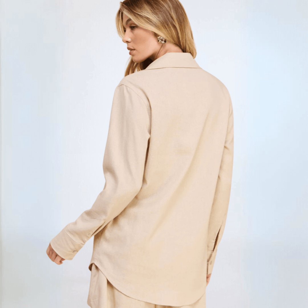 Made in USA Women's All Season Linen Blend Relaxed Fit Collared Button Down Long Sleeve Top in Natural Tan | If She Loves Style ISJK1250A | Classy Cozy Cool Women's Made in America Boutique