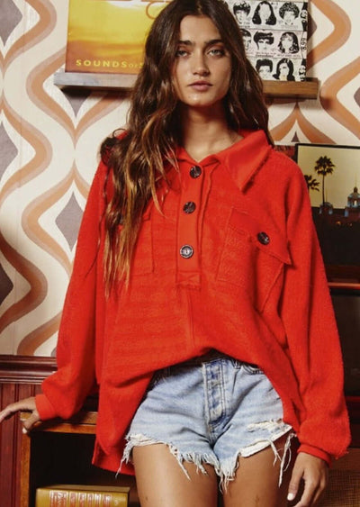 Bucket List Clothing Style# T1578 | Bright Red Ladies French Terry Cotton Pullover Henley with Wide Collar & Large Pockets | Made in USA | Classy Cozy Cool Women's Made in America Boutique
