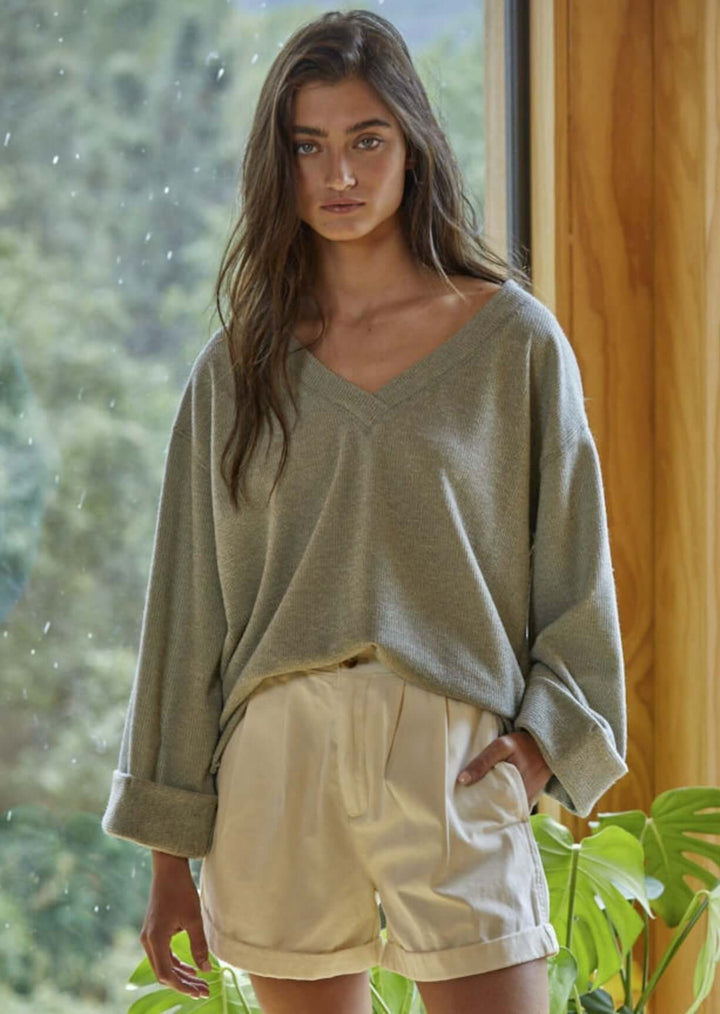 USA Made Ladies Super Soft Sage Ribbed Oversized V-Neck Top with Cuffed Long Sleeve | By Together Style# RJ2758 