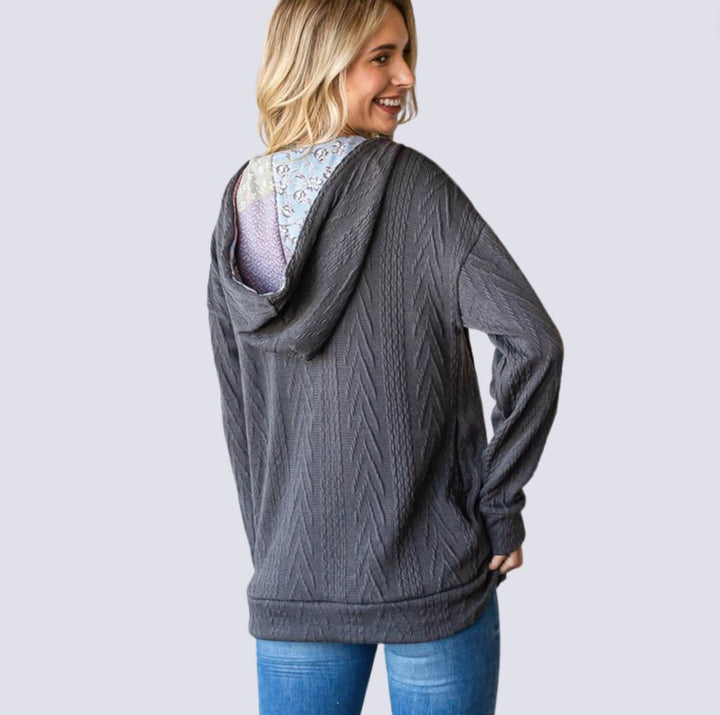 Ladies Cable Knit Zipper Hoodie in Dark Grey or Cream With Printed Detail In Hood and Side Pockets | Made in USA | Women's Made in America Boutique