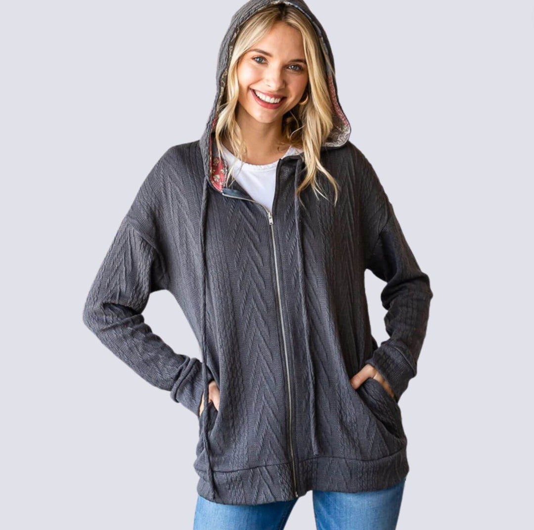 Ladies Cable Knit Zipper Hoodie in Dark Grey or Cream With Printed Detail In Hood and Side Pockets | Made in USA | Women's Made in America Boutique
