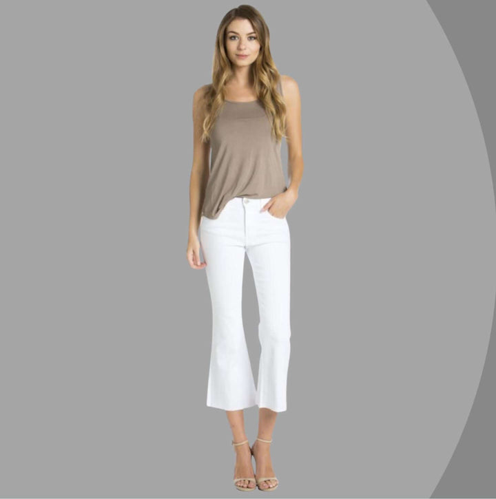 O2 Denim Ladies White Capri Denim Mid Rise Jeans with Raw Edge Hem Style# PT6011 | Made in USA | Classy Cozy Cool Women's Made in America Boutique