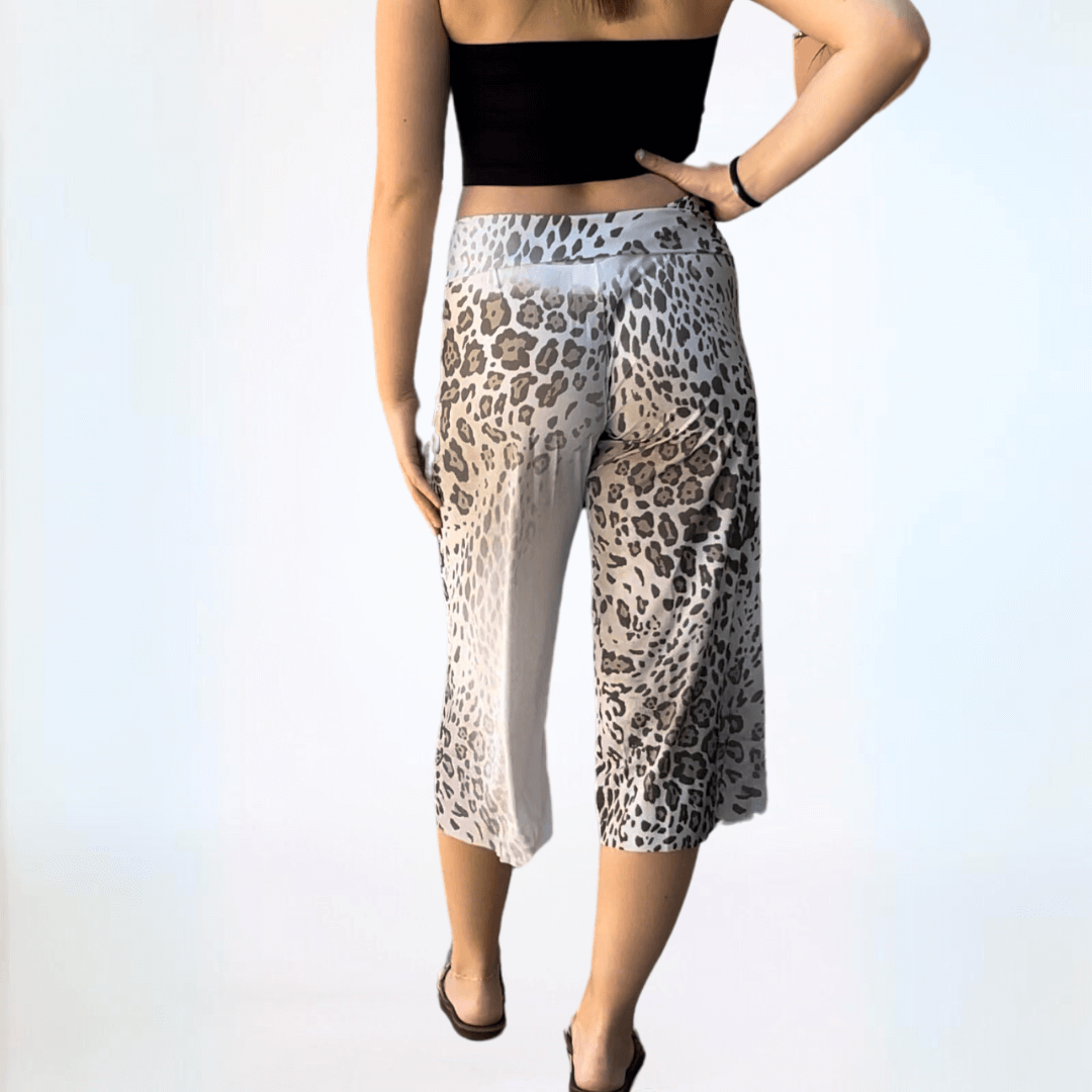 Women's Leopard Print Jersey Capri Pants with Fold Over Waist Made in USA in Off White, Grey & Black